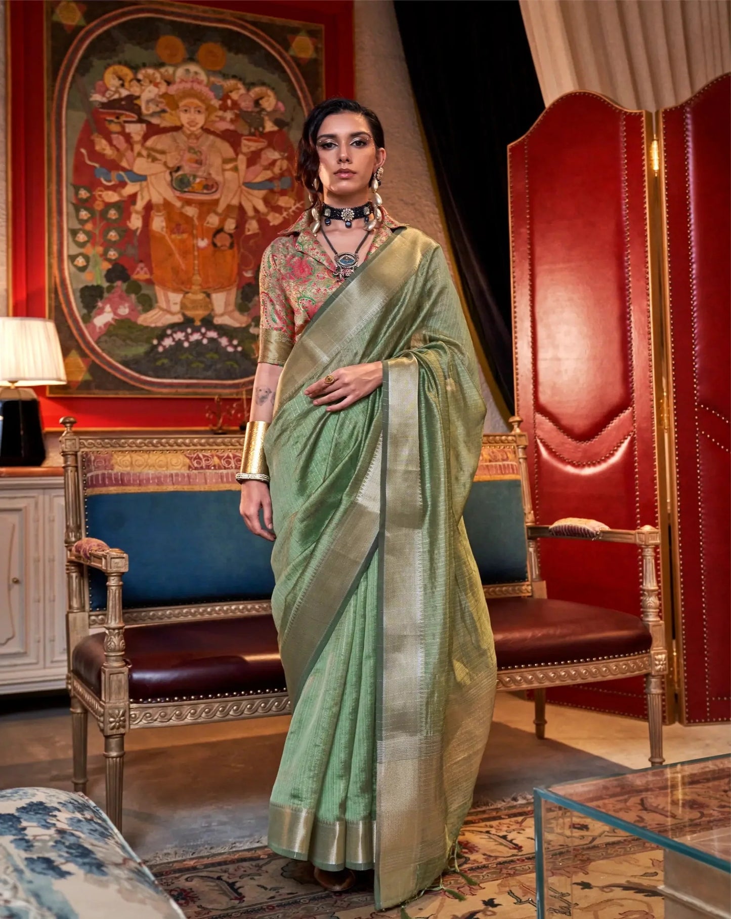 Dusty Green Chiffon Handloom Weaving Silk Saree