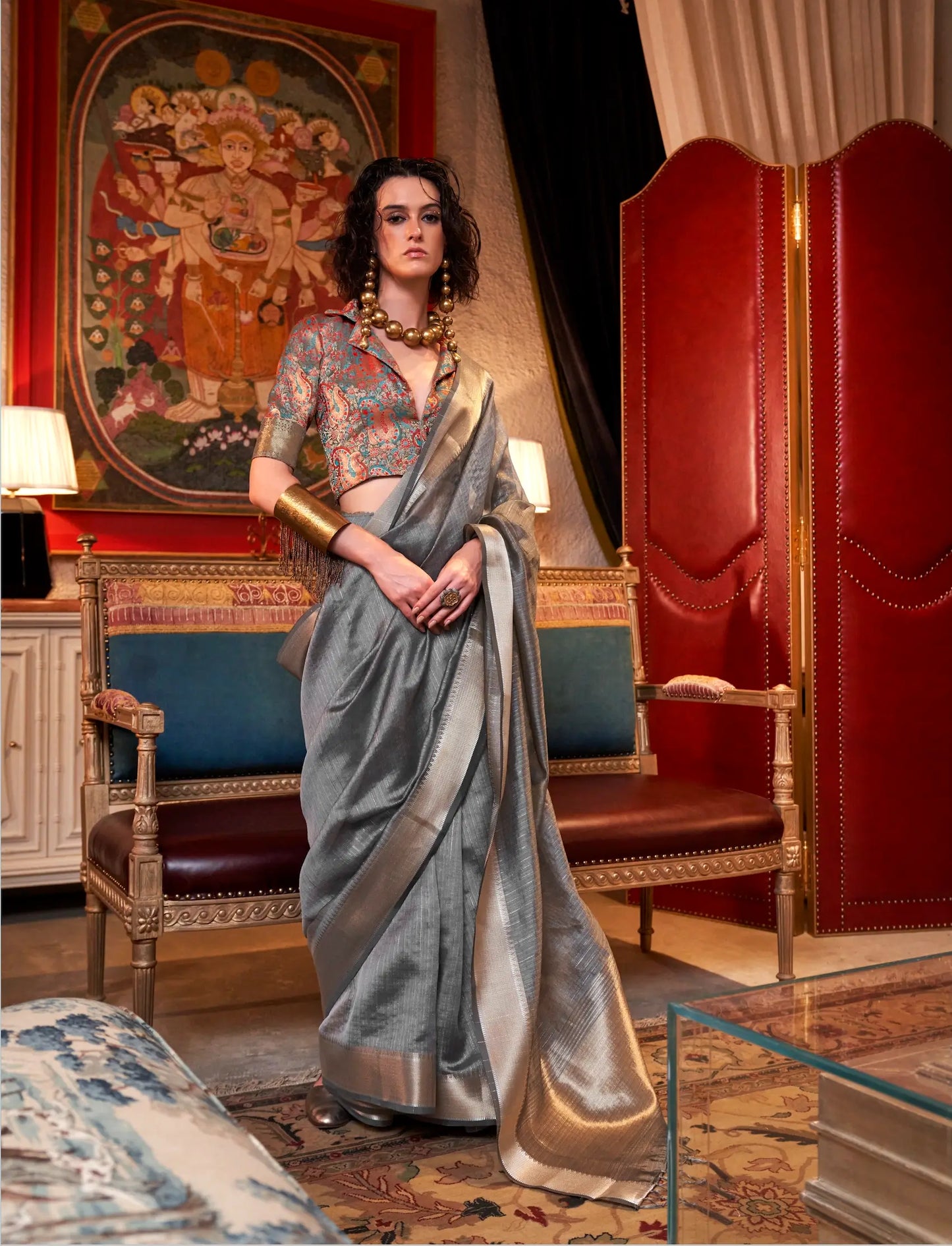 Grey Chiffon Handloom Weaving Silk Saree