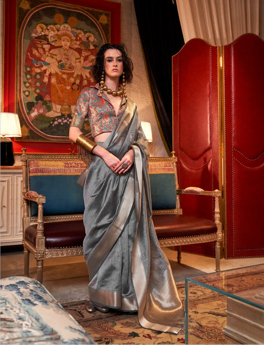 Grey Chiffon Handloom Weaving Silk Saree