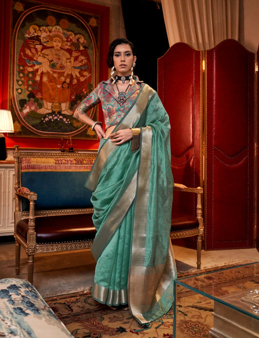 Sea Blue Chiffon Handloom Weaving Silk Saree