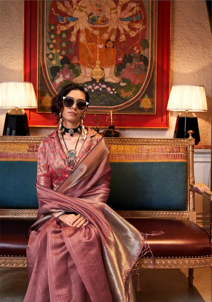 Dusty Orange Chiffon Handloom Weaving Silk Saree