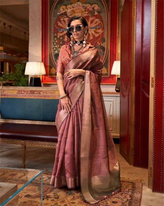 Dusty Orange Chiffon Handloom Weaving Silk Saree