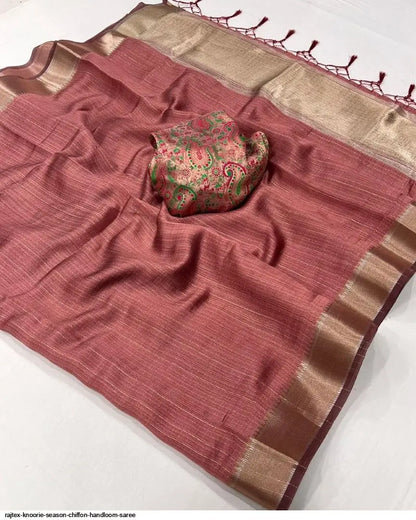 Dusty Orange Chiffon Handloom Weaving Silk Saree