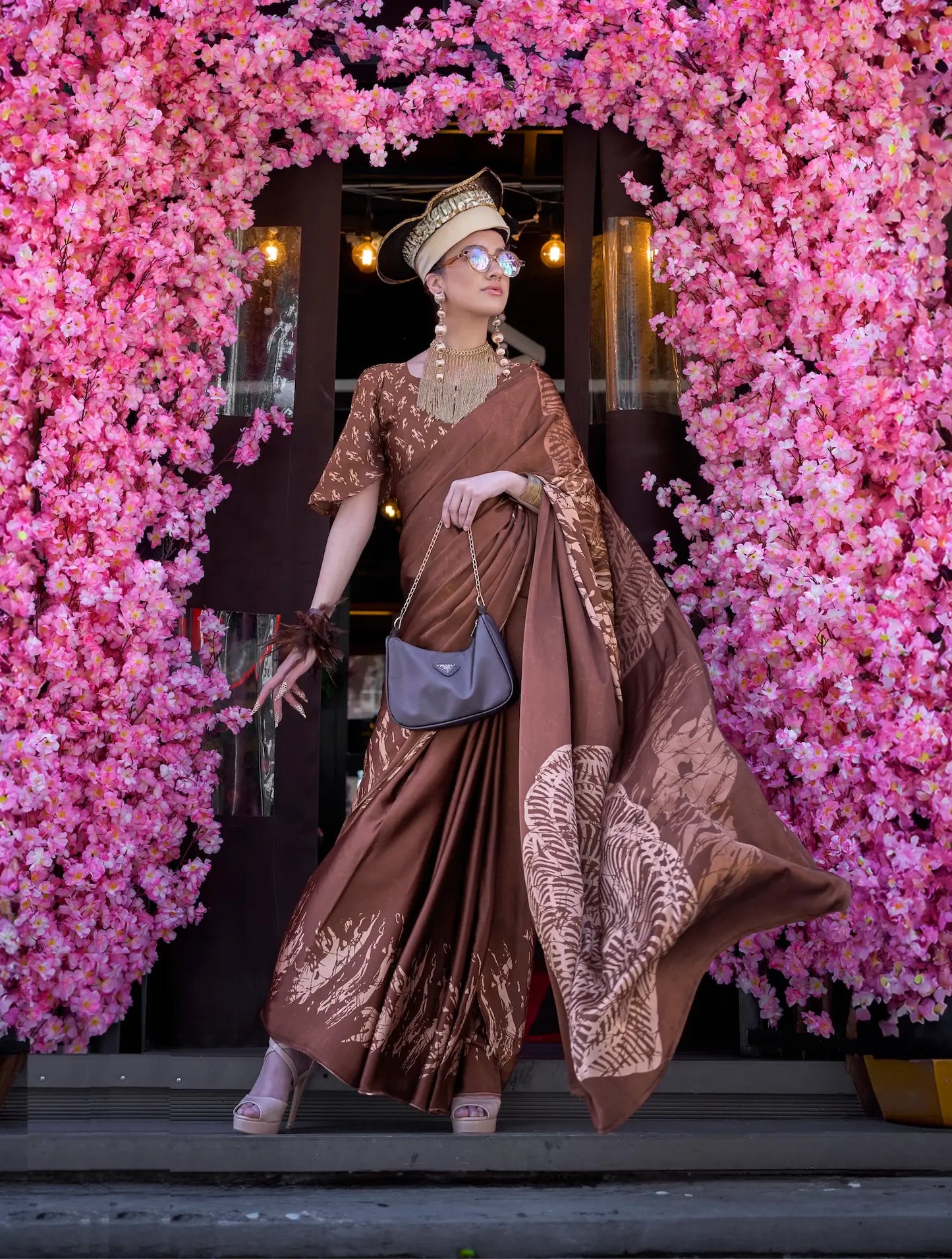 Brown Satin Crepe Digital Printed Saree