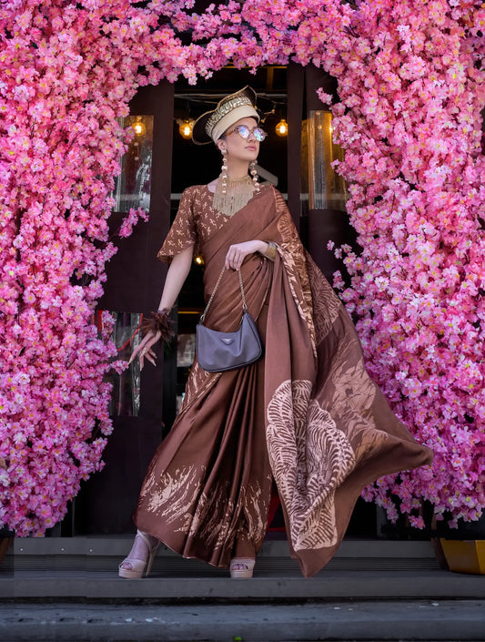 Brown Satin Crepe Digital Printed Saree