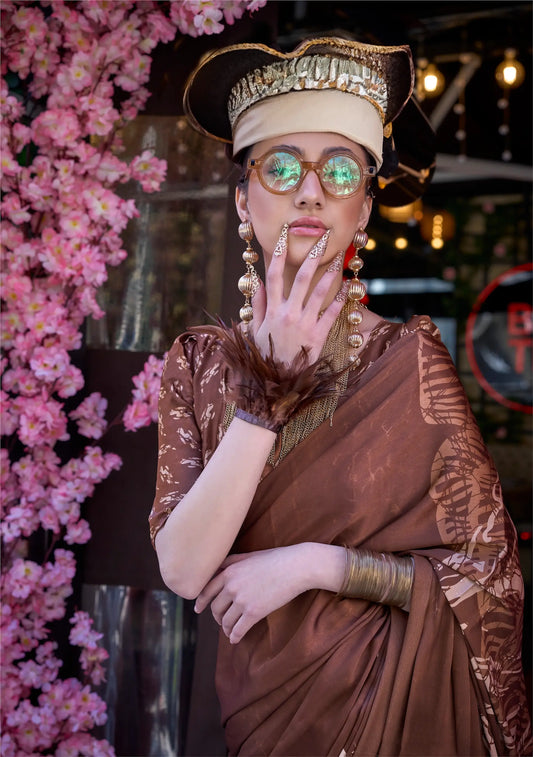 Brown Satin Crepe Digital Printed Saree