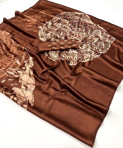 Brown Satin Crepe Digital Printed Saree