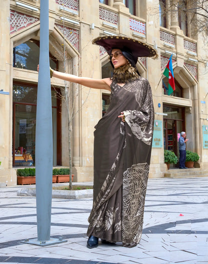 Dark Grey Satin Crepe Digital Printed Saree