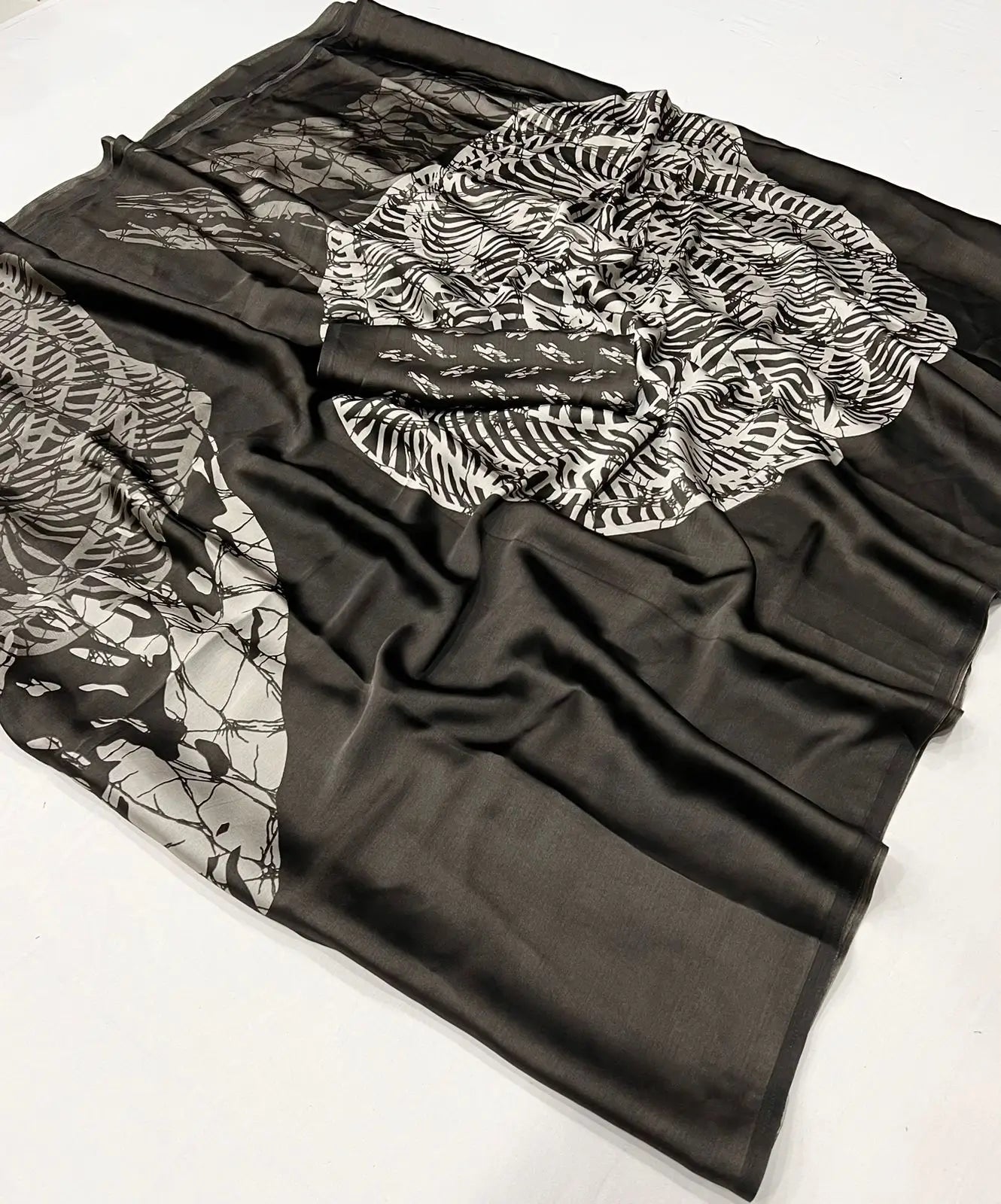 Dark Grey Satin Crepe Digital Printed Saree
