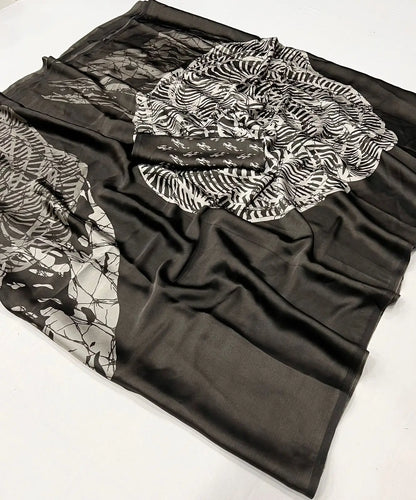Dark Grey Satin Crepe Digital Printed Saree