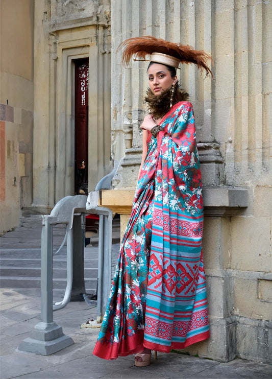 Bright Red Satin Crepe Digital Printed Saree