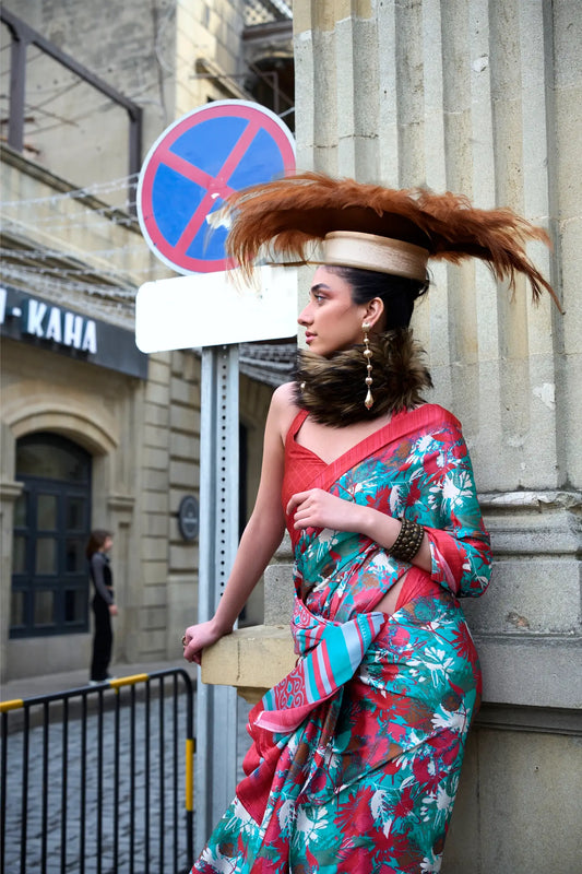 Bright Red Satin Crepe Digital Printed Saree