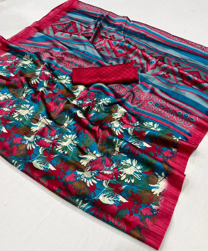 Bright Red Satin Crepe Digital Printed Saree