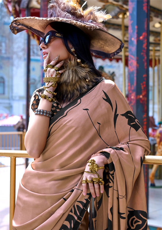 Sugar Brown Satin Crepe Digital Printed Saree