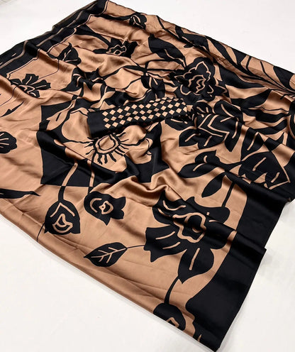 Sugar Brown Satin Crepe Digital Printed Saree