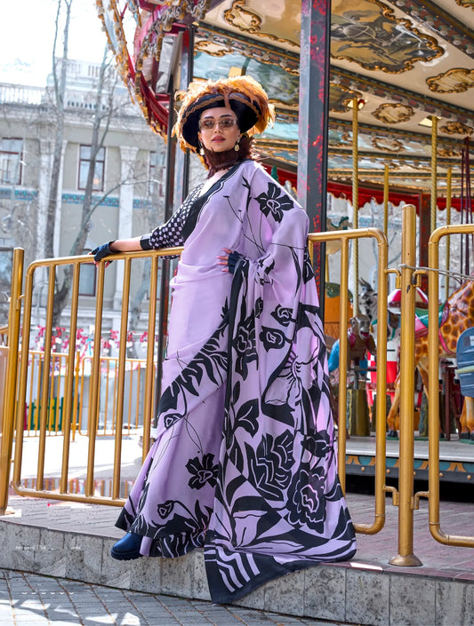 Lavender Satin Crepe Digital Printed Saree