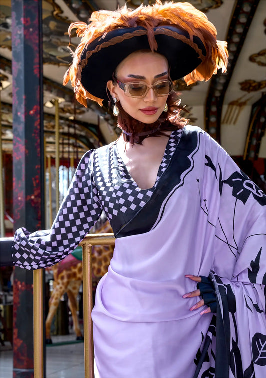 Lavender Satin Crepe Digital Printed Saree