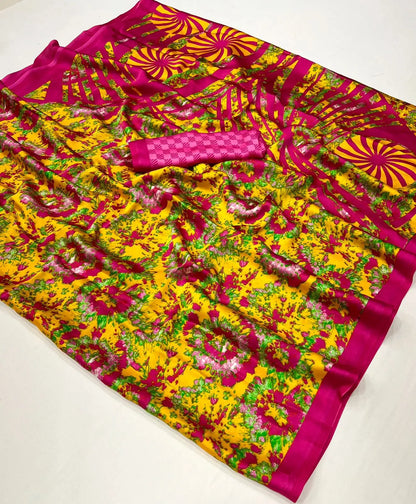 Yellow Satin Crepe Digital Printed Saree