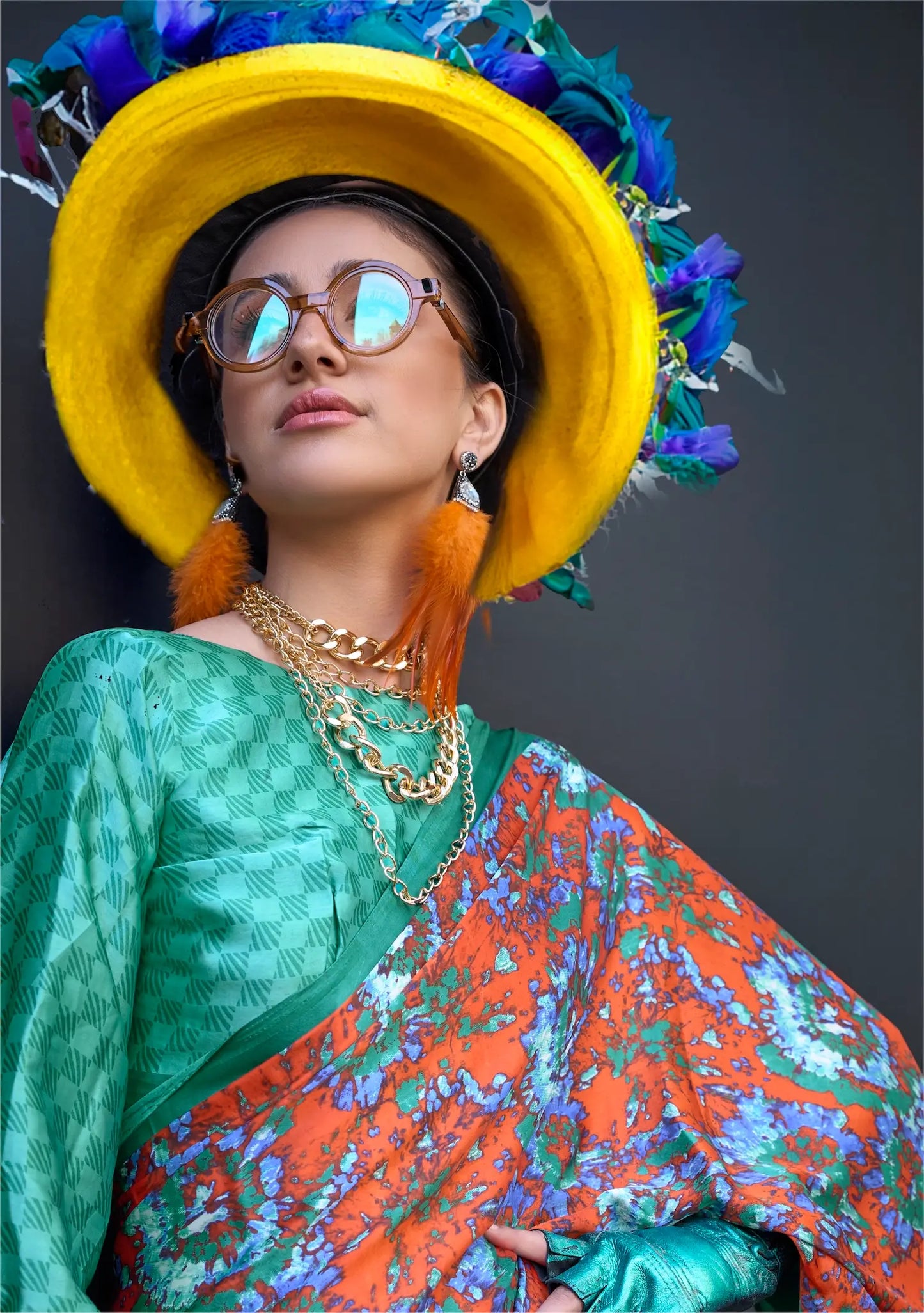 Orange Satin Crepe Digital Printed Saree