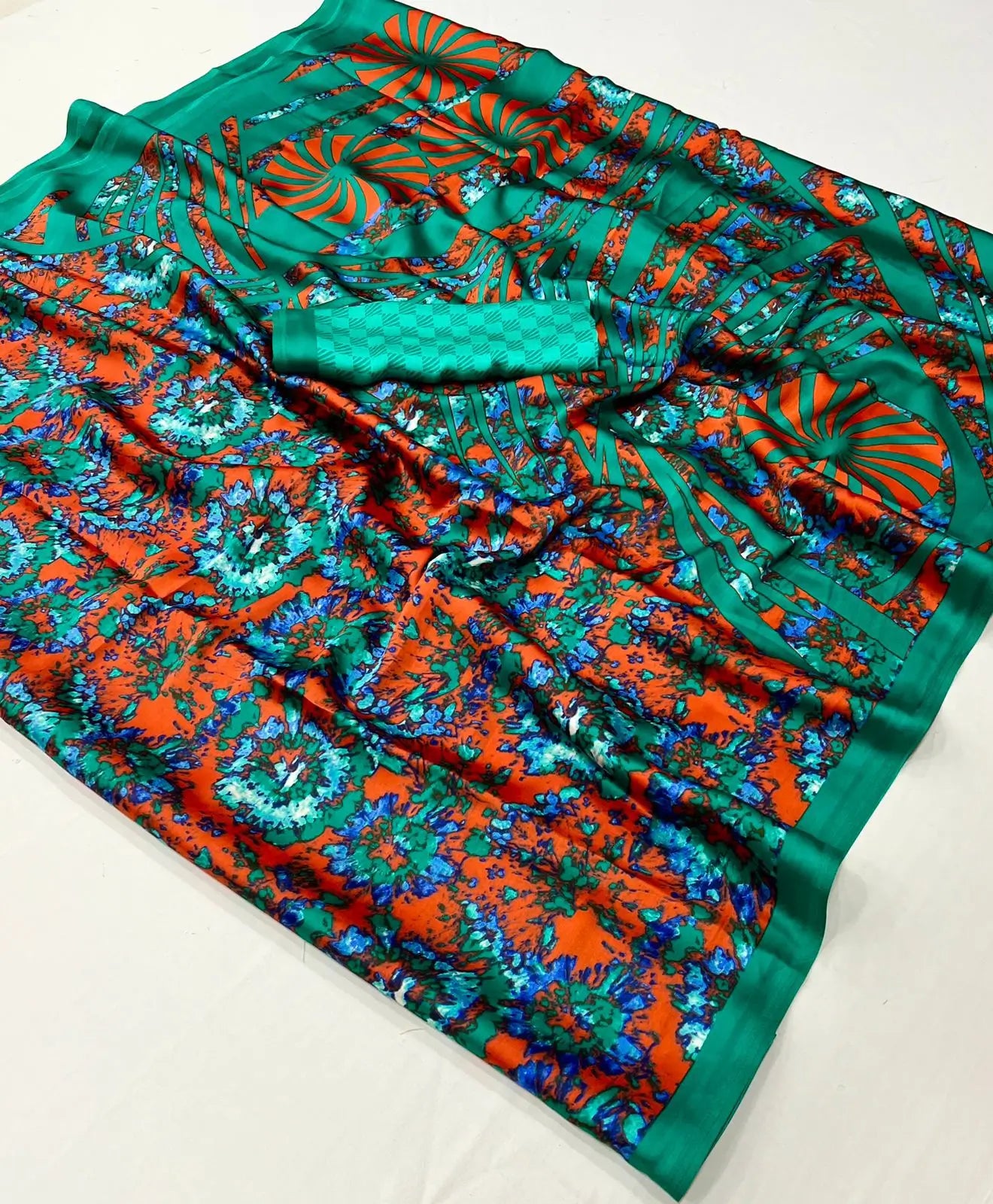 Orange Satin Crepe Digital Printed Saree