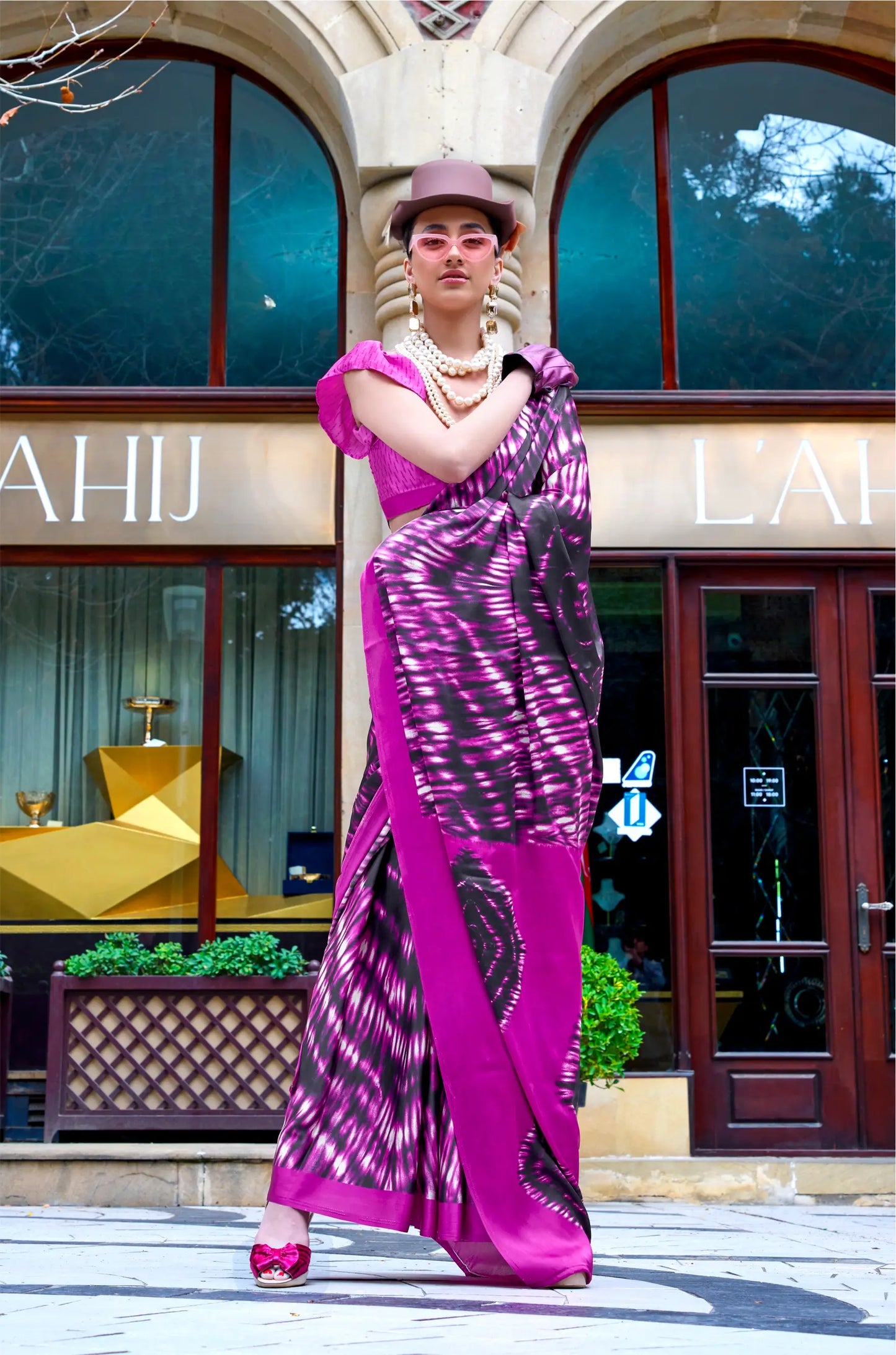Hot Pink Satin Crepe Digital Printed Saree