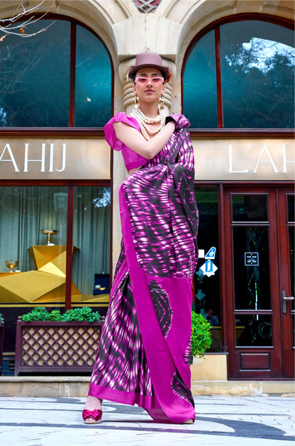Hot Pink Satin Crepe Digital Printed Saree