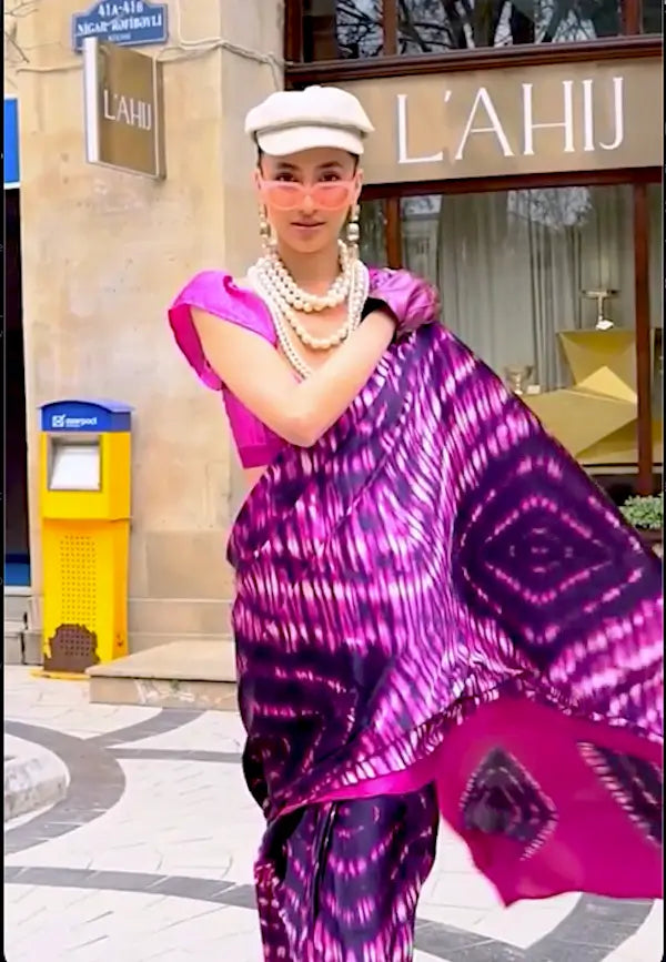 Hot Pink Satin Crepe Digital Printed Saree