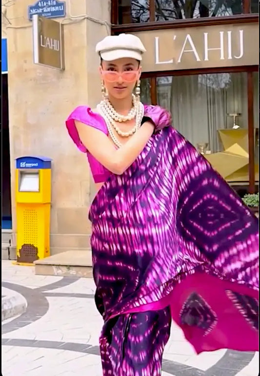 Hot Pink Satin Crepe Digital Printed Saree