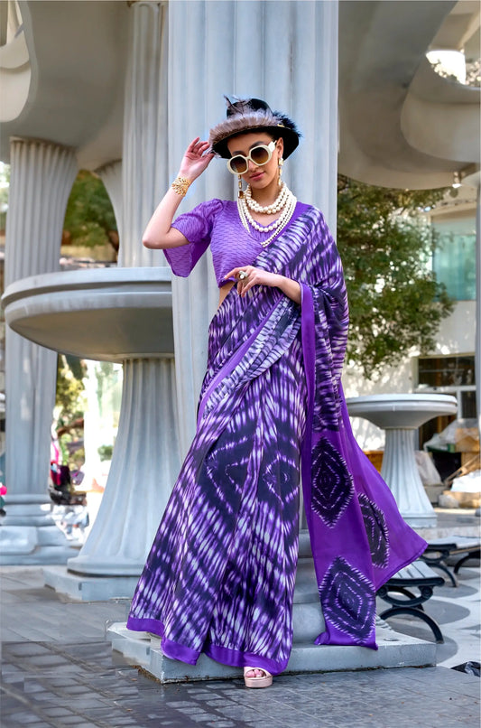 Purple Satin Crepe Digital Printed Saree