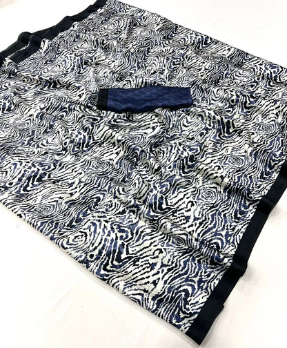 Slate Blue Satin Crepe Digital Printed Saree