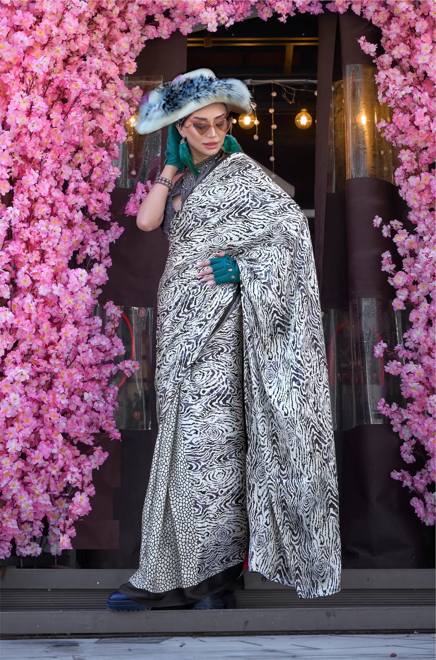 Slate Blue Satin Crepe Digital Printed Saree