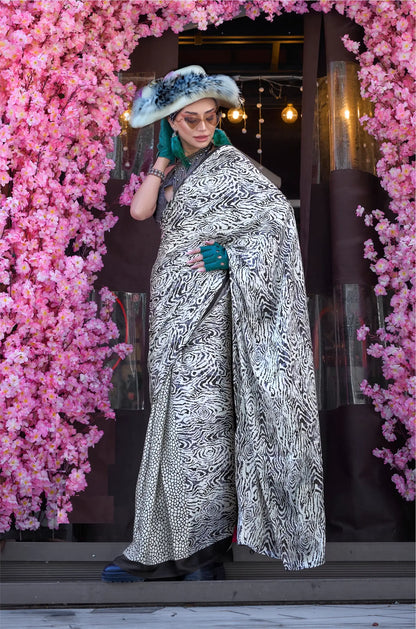 Slate Blue Satin Crepe Digital Printed Saree