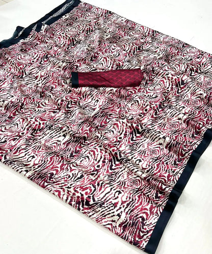 Brick Red Satin Crepe Digital Printed Saree