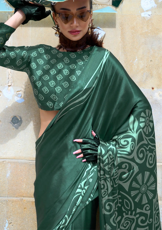 Dark Green Satin Crepe Digital Printed Saree