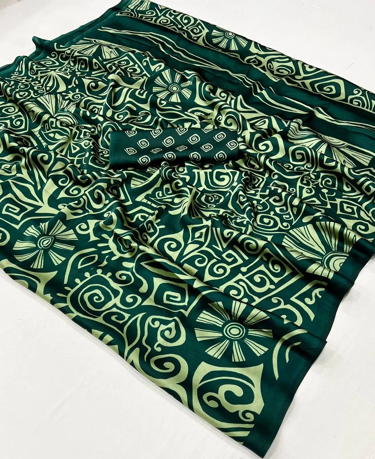 Dark Green Satin Crepe Digital Printed Saree