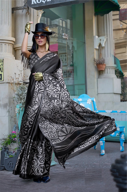 Black Satin Crepe Digital Printed Saree