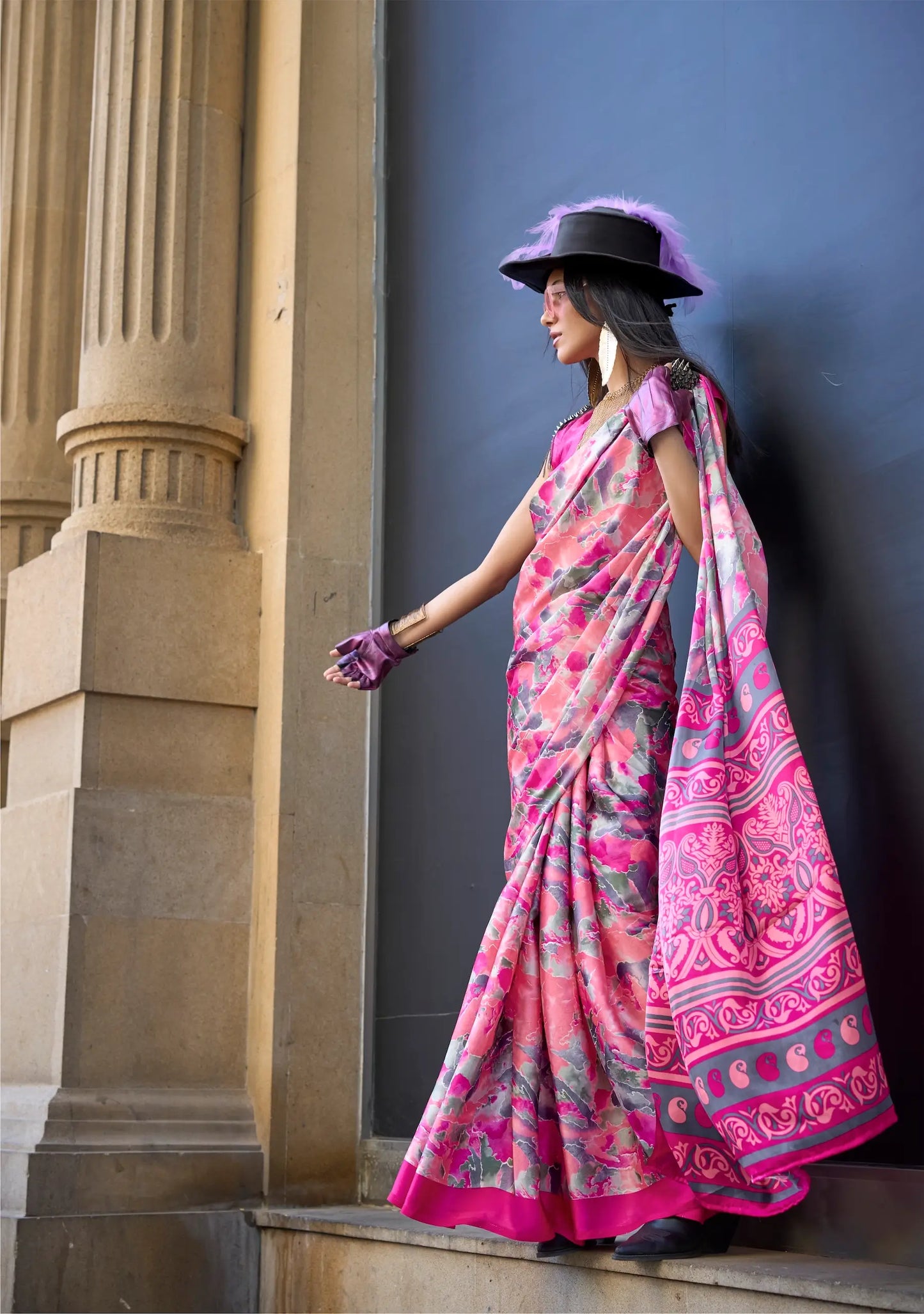 Candy Pink Satin Crepe Digital Printed Saree