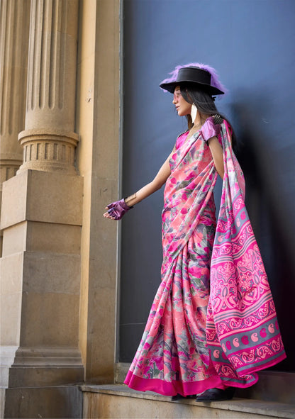 Candy Pink Satin Crepe Digital Printed Saree