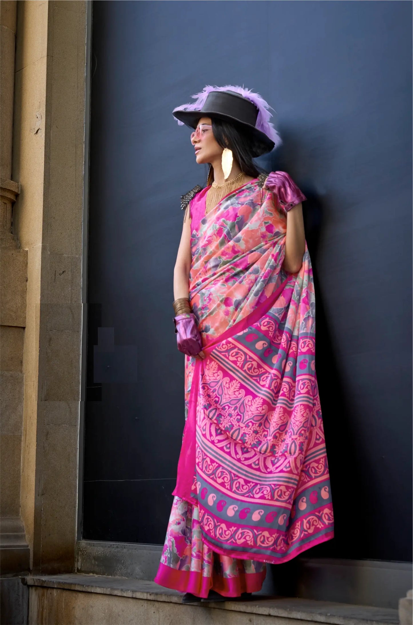 Candy Pink Satin Crepe Digital Printed Saree