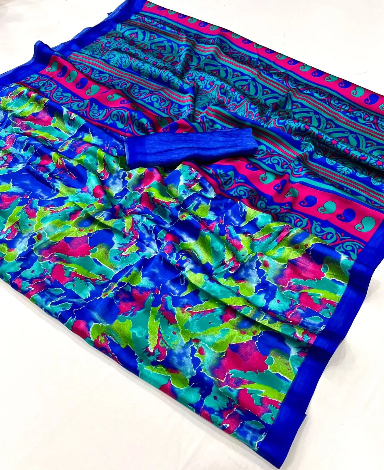 Royal Blue Satin Crepe Digital Printed Saree