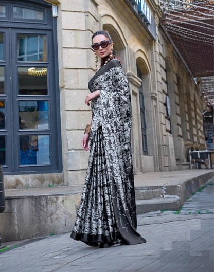 Grey Satin Crepe Digital Printed Saree