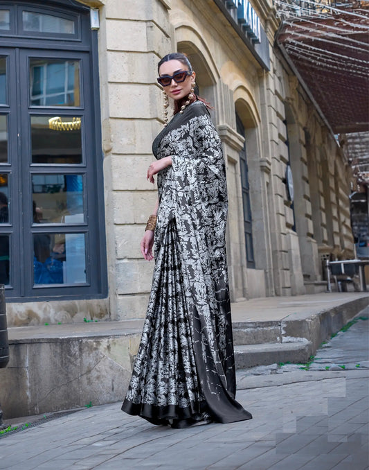 Grey Satin Crepe Digital Printed Saree