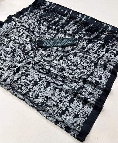 Grey Satin Crepe Digital Printed Saree