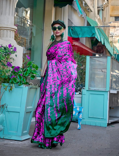 Hot Pink Satin Crepe Digital Printed Saree