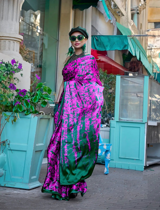Hot Pink Satin Crepe Digital Printed Saree
