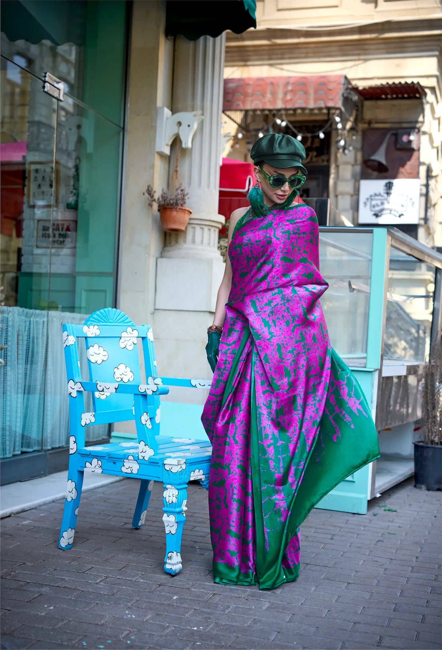 Hot Pink Satin Crepe Digital Printed Saree