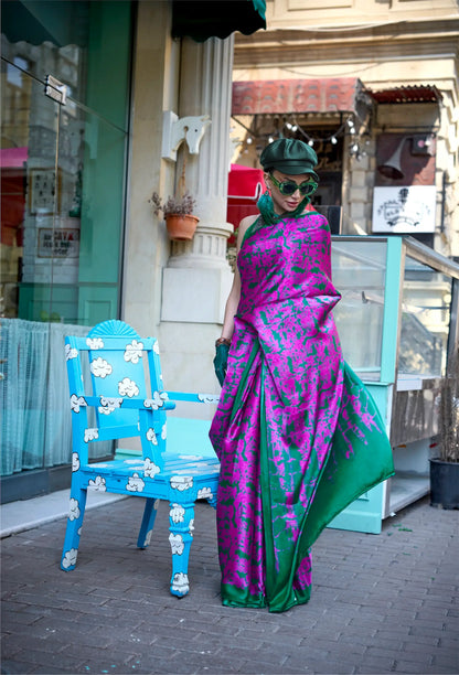 Hot Pink Satin Crepe Digital Printed Saree