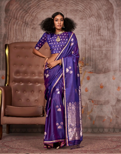 Purple Satin Handloom Zari Weaving Silk Saree