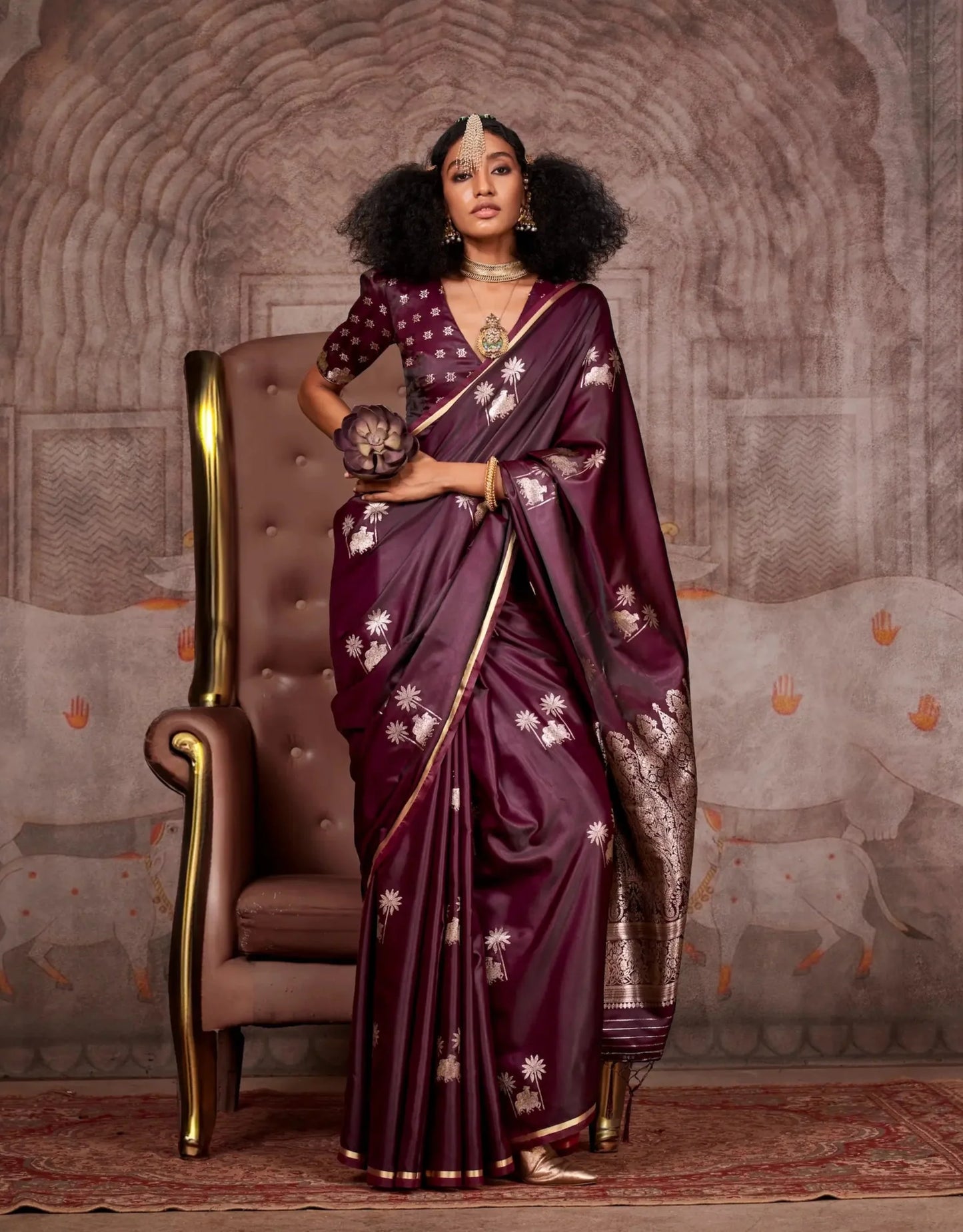 Maroon Satin Handloom Zari Weaving Silk Saree