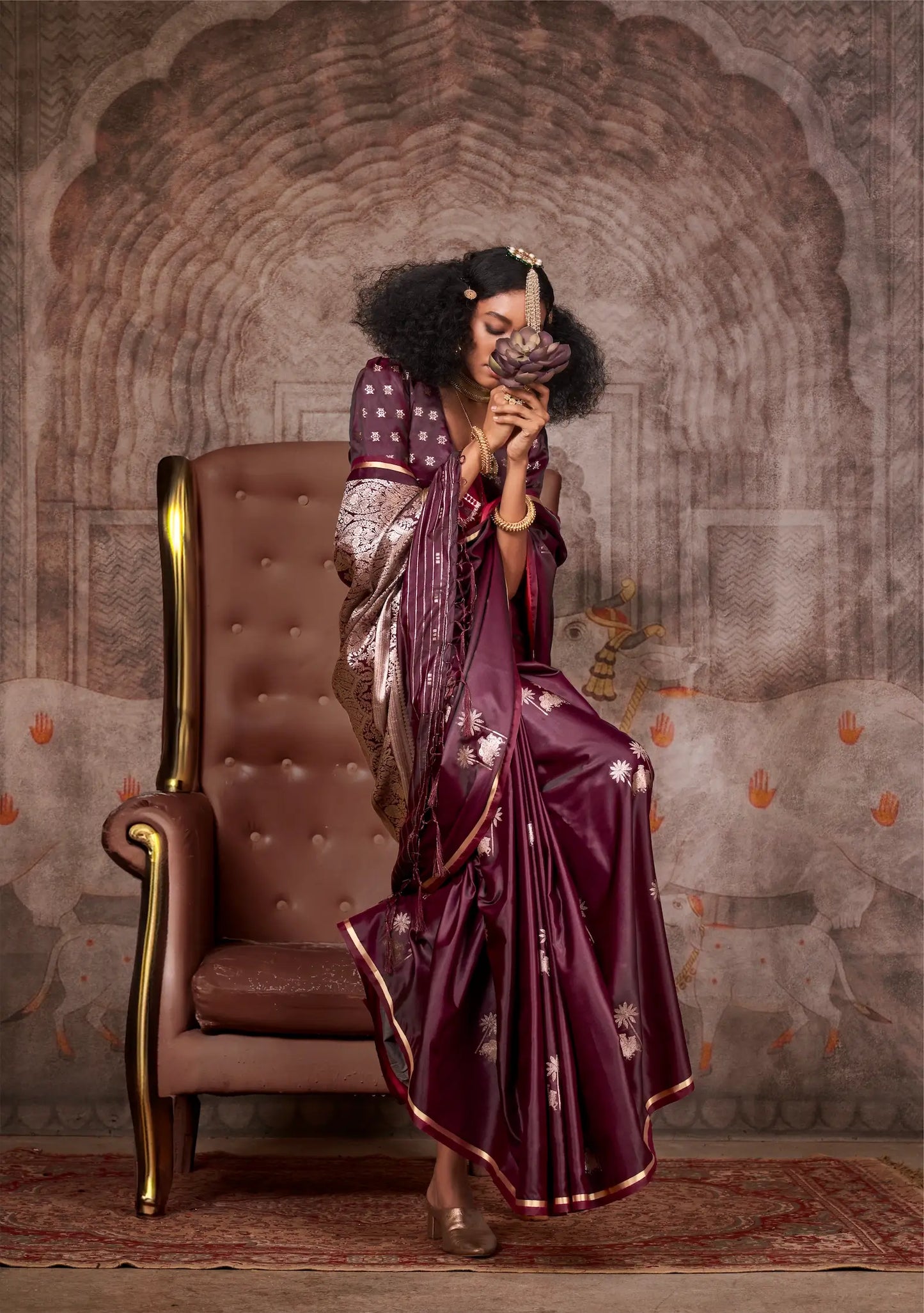 Maroon Satin Handloom Zari Weaving Silk Saree